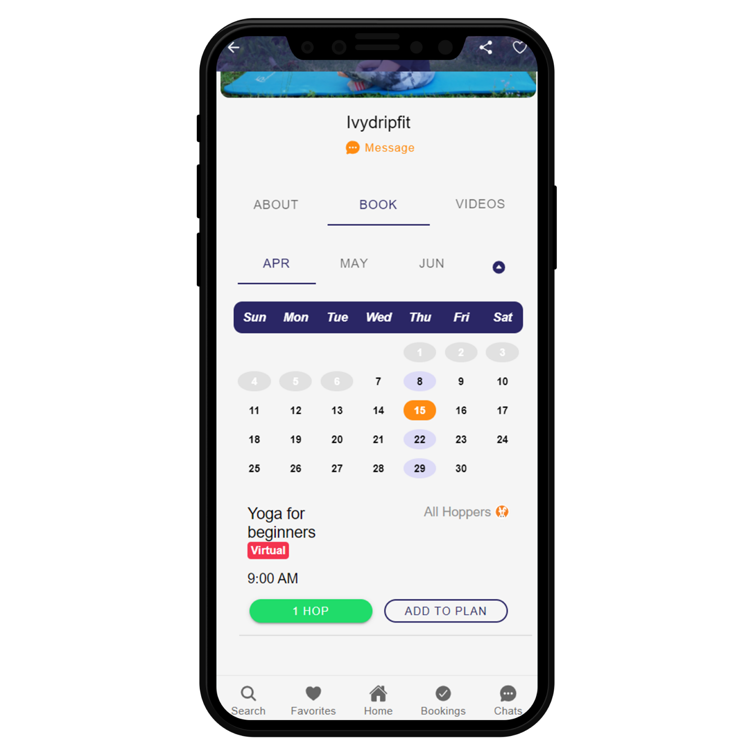 Image of HopperFit booking manager. This is where users go to book a fitness service.